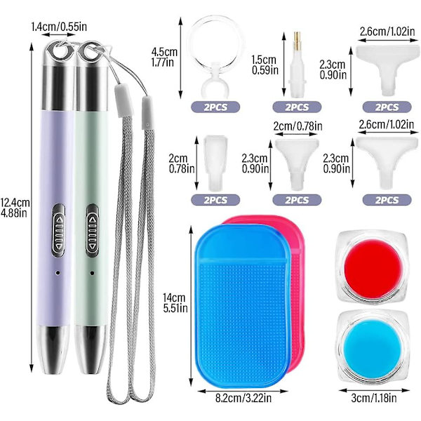 Punktborepenn, 2 stk Diamantmalingspenn med LED-lys 5d DIY Diamantkunstpenner med 2 lysmoduser, 10 stk Erstatningspennspiss, 2 stk Forstørrelsesglass