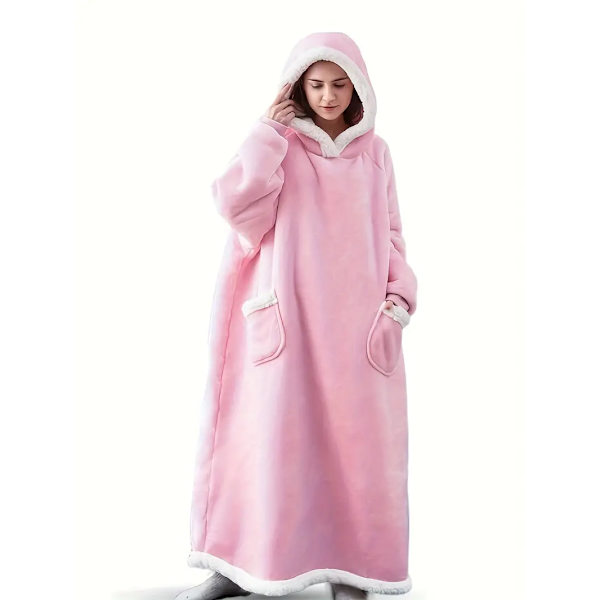 Casual loungewear-morgenkåbe i store størrelser, tyk Sherpa fleece varm ekstra lang oversized bærbar tæppe til damer med lommer (længde: 150 cm) Pink
