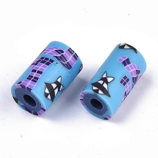 50 kpl käsintehtyjä polymeerisavihelmiä, pylväs, kukkakuvio, syvä taivaansininen, 12x7 mm