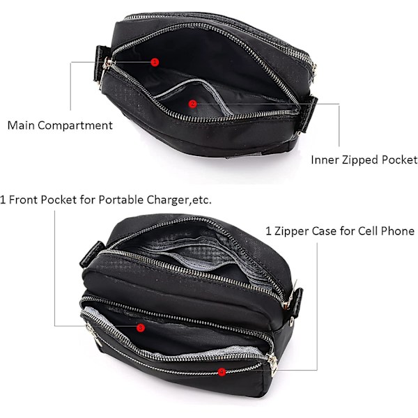 Kvinnor Nylon Crossbody Väska Vattentät Multi Fickor Axelväskor Liten Lätt Reseportemonnä Börs Justerbar Rem
