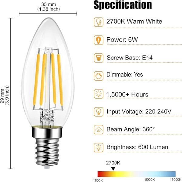 6 stk. E14 Dæmpbare Varm Hvid 600lm 6w LED Pærer Erstatter 60w 2700k LED Kertepære Energibesparende