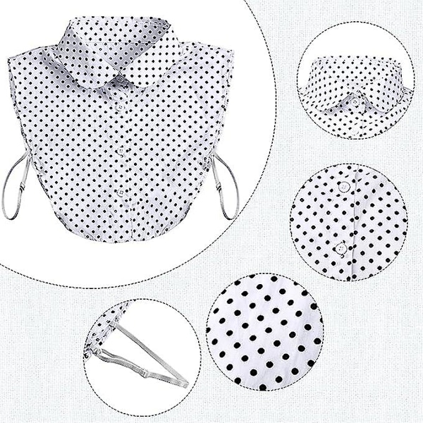 Falsk krage for kvinner, avtakbar Dickey-krage, Faux False Collar, Polkadotter, Halvskjorter, Bluse for kvinner og jenter, Hvit, Medium
