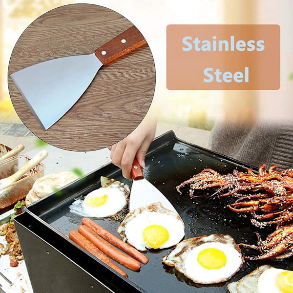 Spatel i rustfritt stål med trehåndtak, grillspatel for plancha, 2 stk.
