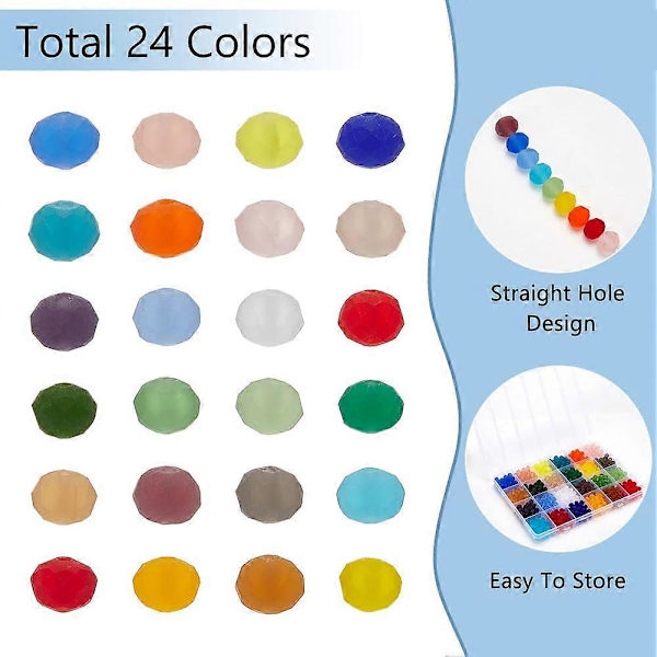720 stk. 8mm Frostede Glassperler for Smykkefremstilling 24 Farger Transparente Frostede Krystallperler Runde Fasetterte Perler Matte Løse Avstandsperler for DIY Nec
