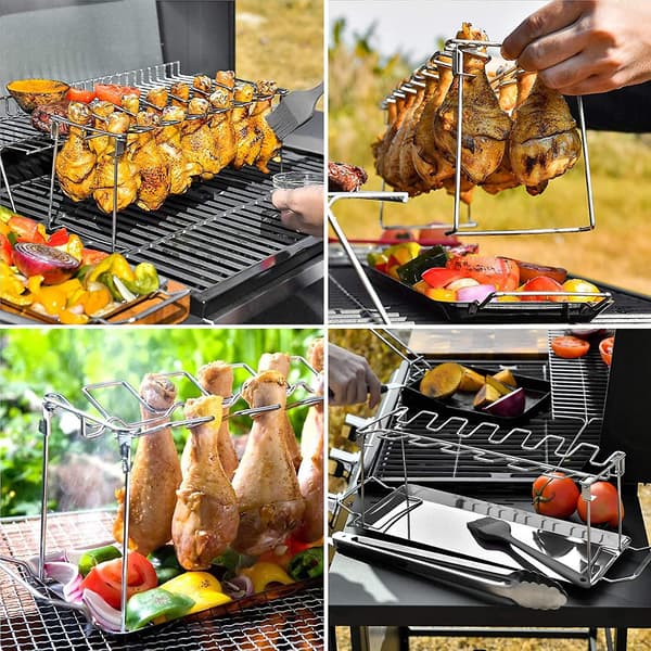 Foldbar Barbecue Kyllinge Benholder i Rustfrit Stål, med Plads til 14 Kyllinge Ben i Grillen 36cm