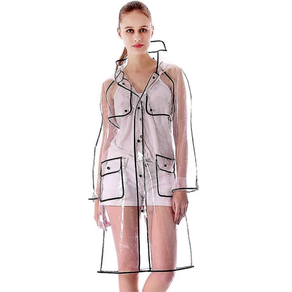Vuxen Transparent Tjockare Huva Långärmad Vattentät Regnrock Poncho Regnkläder Black L