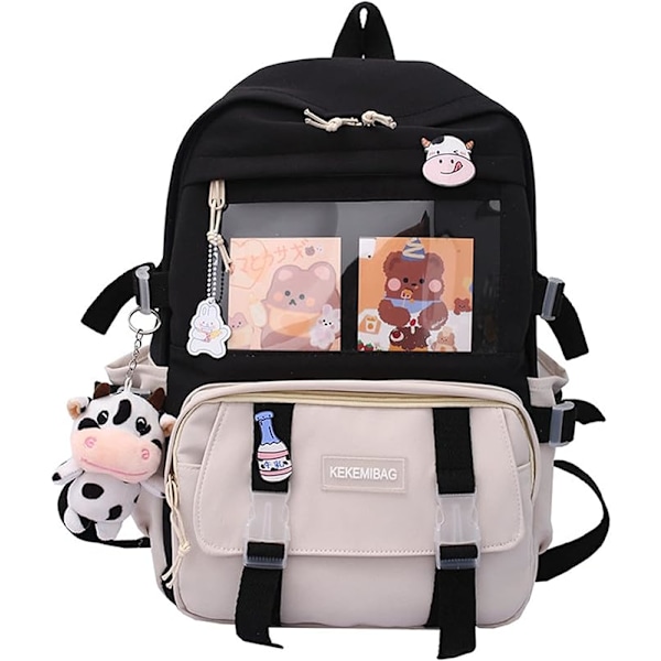 reppu riipuksilla ja tarvikkeilla oppilaiden kirjalaukku, kaunis reppu, matka, Harajuku, koululaukku teinitytöille musta