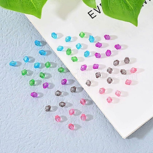 Läpinäkyvät akryylihelmet, bikonikuvio, sekoitusvärejä, 4x4mm, reikä: 1,5mm, 990kpl/laatikko