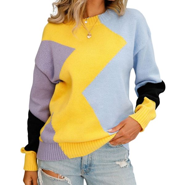 Naisten tyylikäs ruutukuvioinen neulepusero, pitkähihainen collegepaita, pyöreä pääntie, suuri koko, naisten rento löysä neule XL Yellow Collated Blue