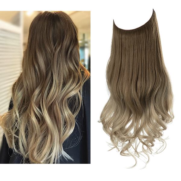 1 stk. Lang Krøllete Bølgete, Hår Parykk Extensions Justerbar Lang Bølgete Hårforlengelse Syntetisk Parykk Oppgradering i Hårdeler Usynlig Tråd Svarte Hår Extensions 8T16 22inch
