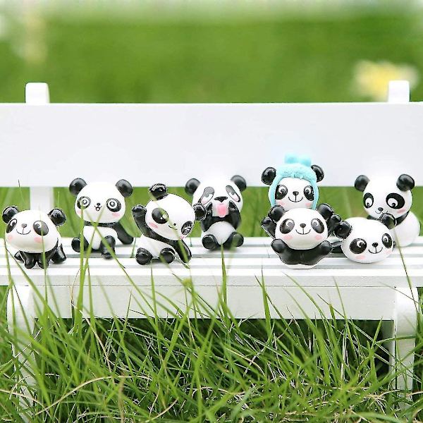 Sæt med 8 søde panda-dyreminiaturer til dekoration, figurlegetøj, gør-det-selv
