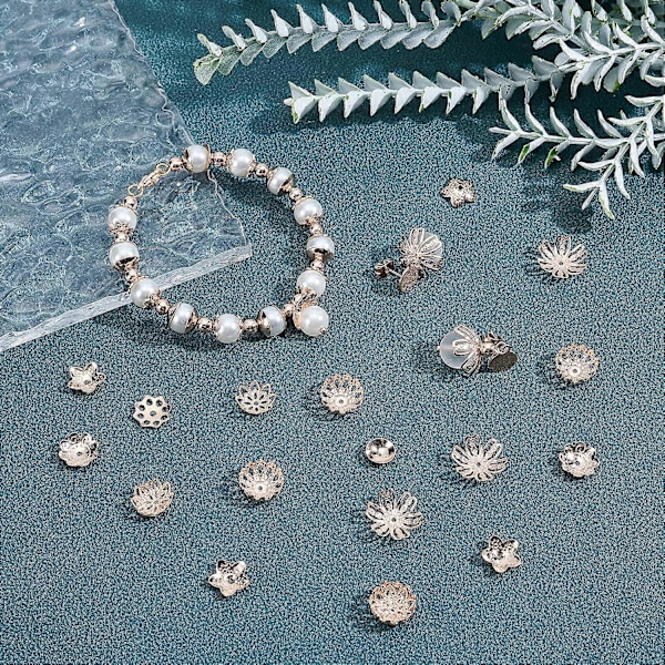80 st 304 Rostfritt Stål Pärlhuvar 8 Stilar Multi-Blommiga Runda Filigran Blommkoppformade Pärlor Roséguld Distanspärlor för Armband Halsband Smyckestillverkning