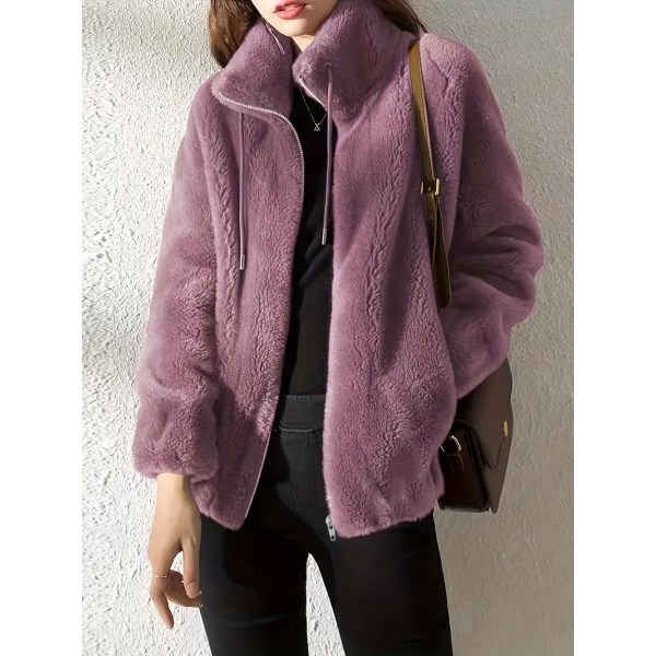 Teddyrock med dragsko, Casual Zip Up Långärmad varma ytterkläder, damkläder Purple S