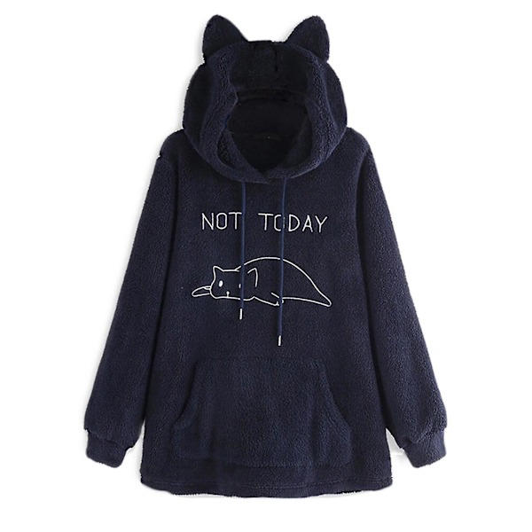 Oversize Fleece Hættetrøje Med Katteører Kvinder Efterår Vinter Pullover Dobbeltsidet Plys 5XL Navy Blue