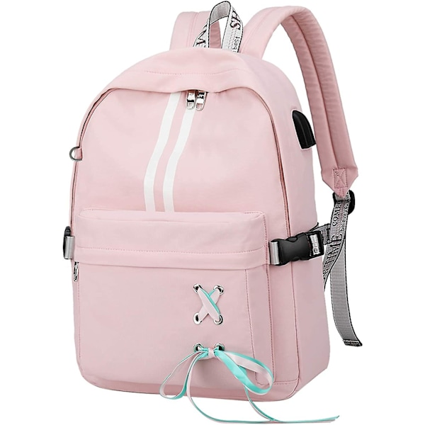 17,3 tum Casual Laptop Ryggsäck Stöldskydd Skolväska Dagsryggsäck Banddekoration Skolväska med USB-laddningsport för Tonårstjejer Kvinnor, Rosa