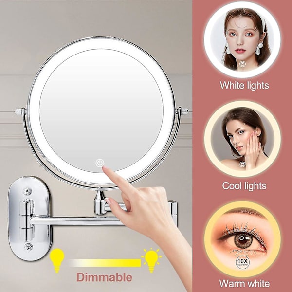 Uppladdningsbar Ljus Makeup Spegel Väggmontering, Utökbar Dubbelsidig Fåfänga Spegel Med 10x Förstoring, 8 Tums Led Förstorings Spegel Med 3 Färg Chrome