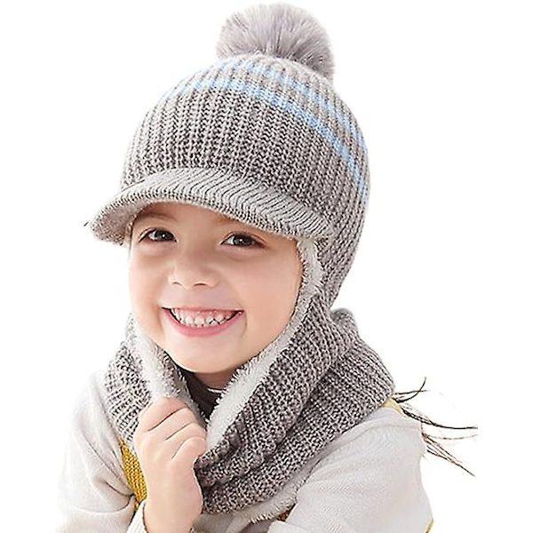 Sztxj Vinter Varma Barn Stickade Fleece Mössa Hatt Med Visir Huva Öronlapp Mössor För Flickor Pojkar Ull Mohair Flerfärgad, Grå