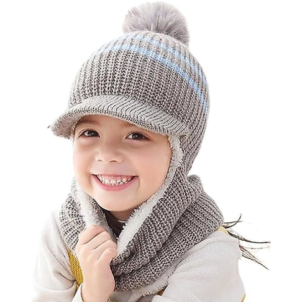 Sztxj Winter Warm Kids Stickad Fleece Beanie Hat med Visir Huva Öronlapp Hattar För Flickor Pojkar Ull Mohair Flerfärgad, Grå