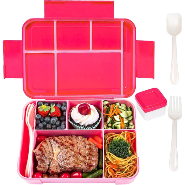 Barnbrödlåda med 6 fack 1330 ml Lunchlåda med bestick, läckagesäker mellanmålslåda, Bpa-fri Bento-låda, mikrovågsugn för picknick i skolan (rosa)