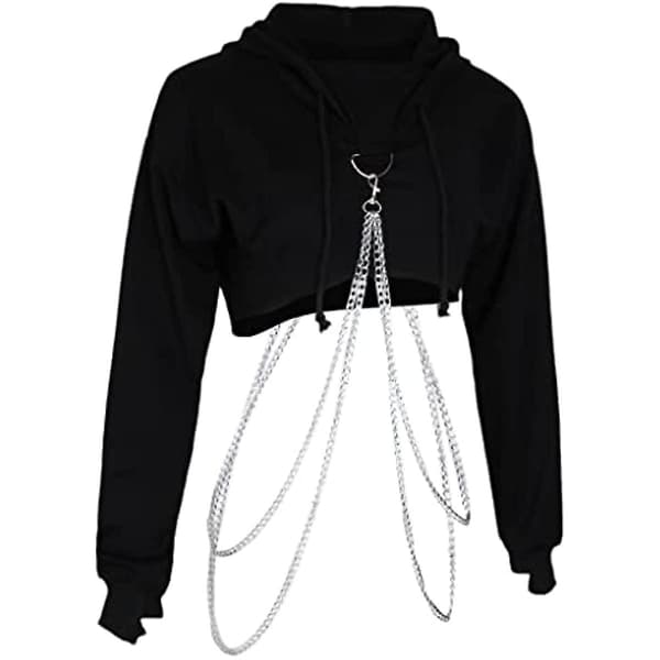 Dame Sort Langærmet Pullover Crop Top Hættetrøje Sweatshirt Klubfest Black M