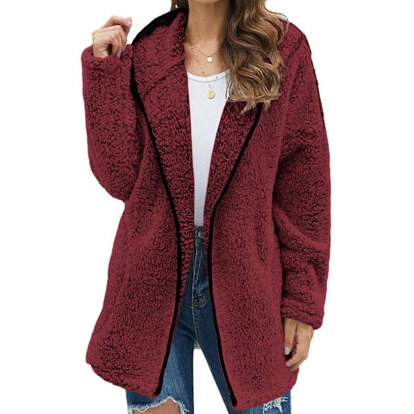 Dame Vinter Casual Jakke Langærmet Hætte Cardigan Til Hverdag Arbejde Shopping XL Wine Red