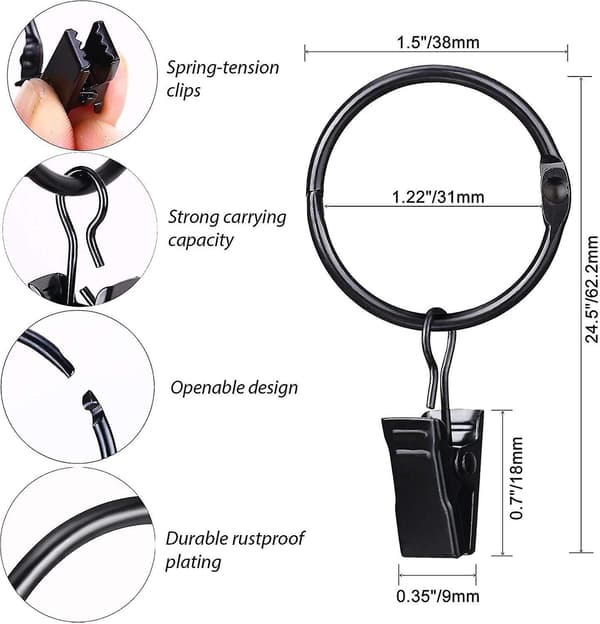 38 stk. Metal Åbne Gardinringe med Clips, 3,1 cm Indvendig Diameter, Sort