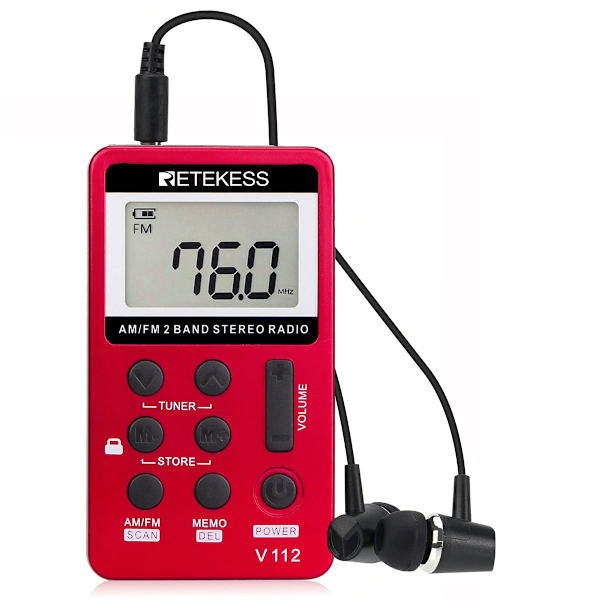 V112 Liten Mini Radio, Lommeradio med Hodetelefoner, FM AM, Batteri, Sleep Timer, for Jogging, for Seniorer