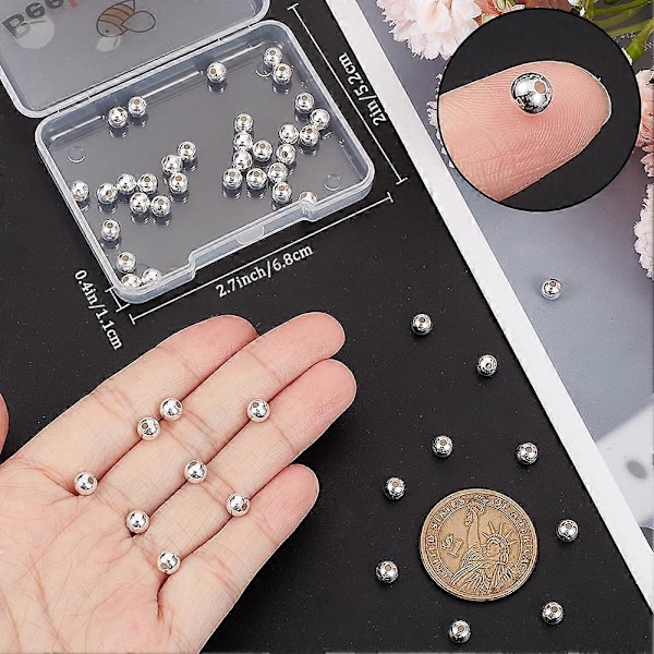 1 Ask 50 st 5mm Runda Distanspärlor Sterling Silver Lösa Pärlor Små Hål Distanspärlor Fynd