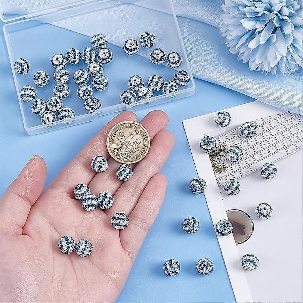50 stk. 10 mm Stribede Rhinestone Perler Blå Hvide Lerperler Polymer Ler Pave Krystalperler Diskokugleperler 1,6 mm Hul Runde Diamantperler til Smykker
