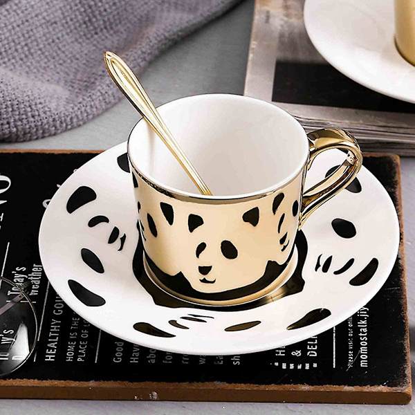 Panda Mönster Reflexions Spegel Kaffe Kopp, Guld Porslin Kaffe Mugg, Keramisk Te Kopp Och Fat, 250ml