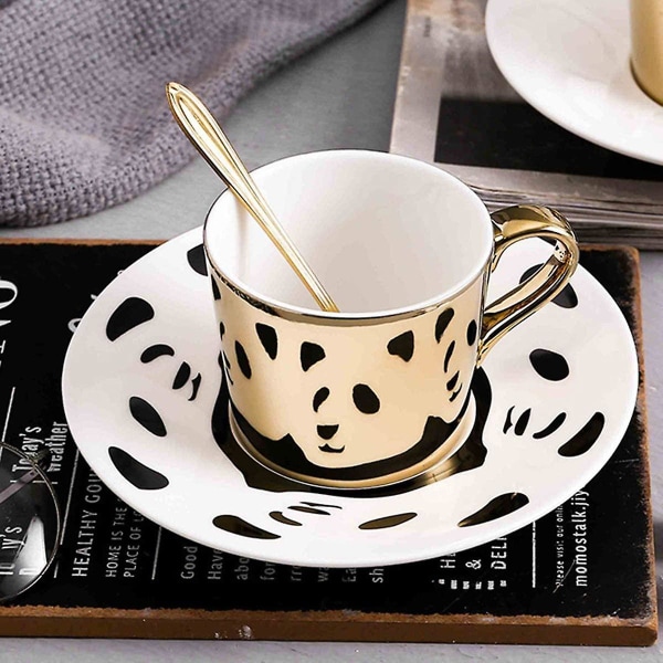 Pandamönster reflekterande spegel kaffekopp, guldporslin kaffemugg, keramisk tekopp och fat, 250 ml