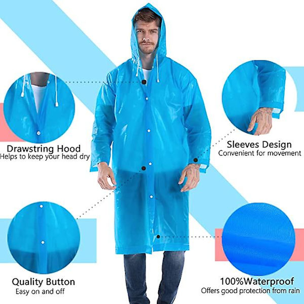 Ponchot aikuisille, uudelleenkäytettävät - Hupulliset sadetakit miehille, selviytymiseen, kestävä, armeijatason, vedenpitävä sadetakki Blue