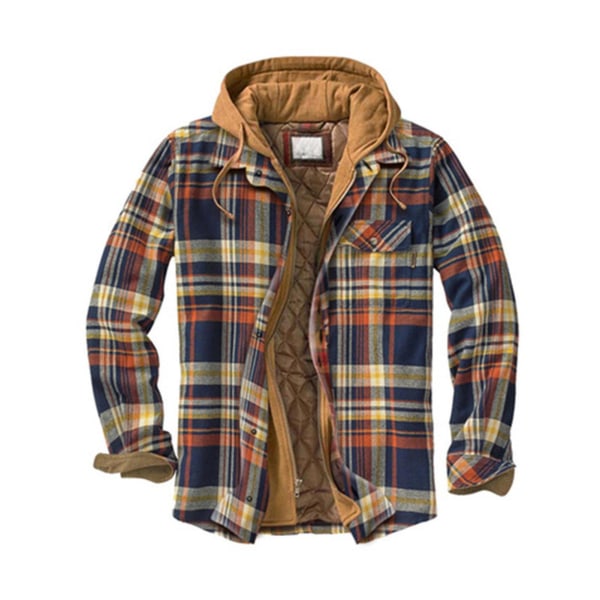 Herre Varm Vattert Foret Bomullsjakke Med Hette Knapper Glidelås Lange Ermer Rutete 3XL Color 13