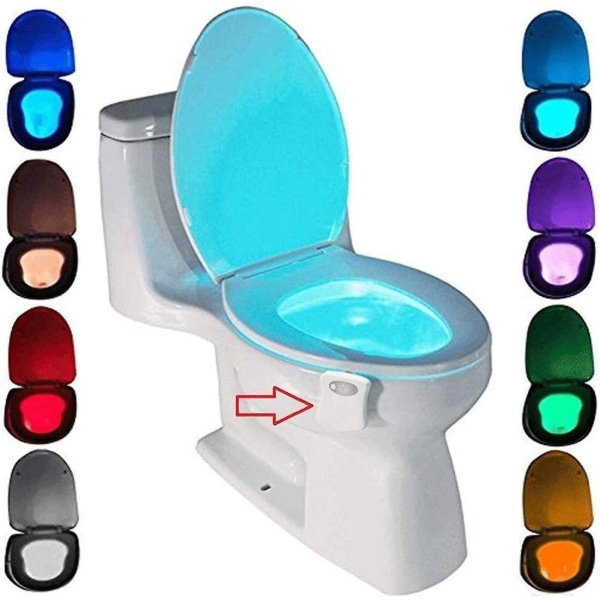 Toalettlys, LED Nattlys for Toalett Baderom Sensor Pir Detektor 8 Fargeskiftende Belysning (aktiveres kun i mørket)