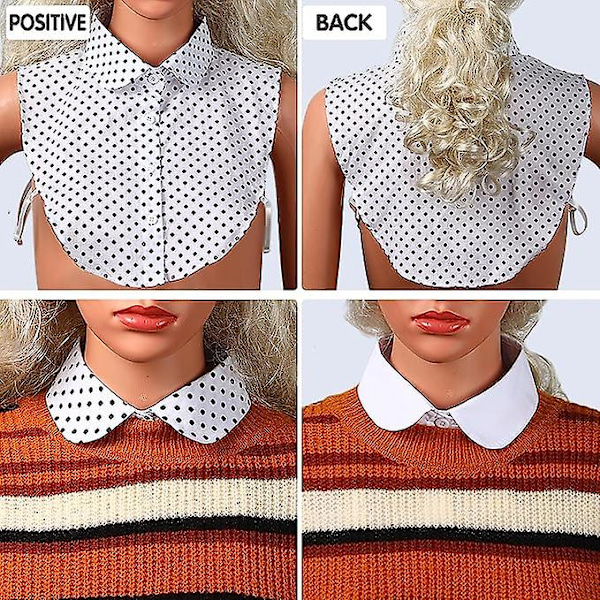 Falsk krage for kvinner, avtakbar Dickey-krage, Faux False Collar, Polkadotter, Halvskjorter, Bluse for kvinner og jenter, Hvit, Medium