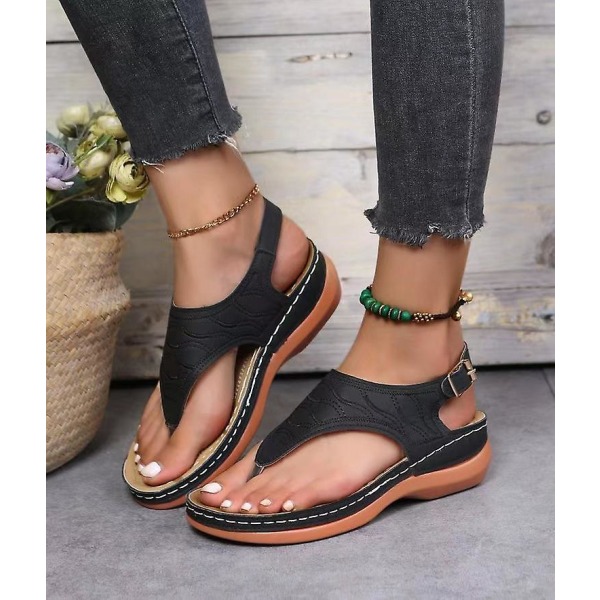 Naisten Yksiväriset Kirjailtu Flip Flop Sandaalit Rantakengät 086 Black EU 37