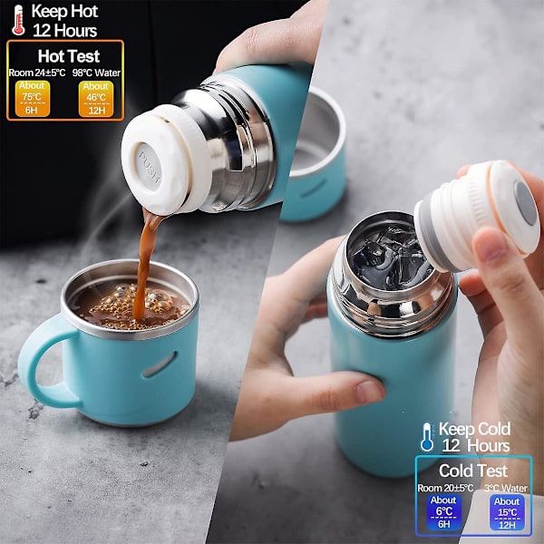 Termosflaske 410ml, Gjenbrukbar Reise Kaffekopp med Lokk Isolert Vannflaske (410ml/ 13.87oz, Himmelsblå)