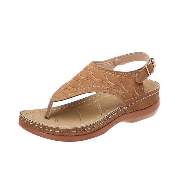 Naisten Yksiväriset Kirjailtu Flip Flop Sandaalit Rantakengät 086 Brown EU 41