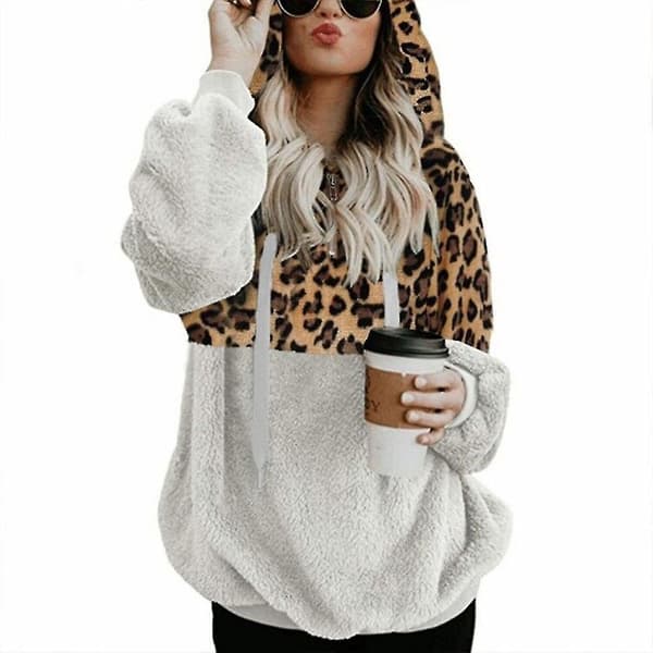 Hættetrøje til kvinder Leopard Print Blød Sweatshirt med Lommer Snørehætte L White