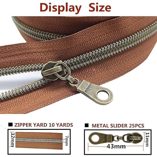 #5 Antik mässing metallisk nylon spole blixtlås per meter bulk spole blixtlås rulle 10 meter med 25 st drar för DIY sömnad hantverk väskor (brun)