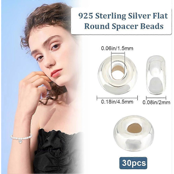 1 Ask 30 st 4,5 mm Platta Runda Distanspärlor Sterling Silver Slät Skiva Crimp Lösa Kulor Pärlor
