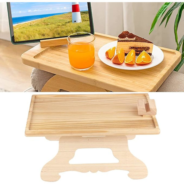 Armlænsbakke i træ med 360° roterende telefonholder, foldbar sofa, armlænsbakke, klemme, sofabord, til brede sofaer (firkant)