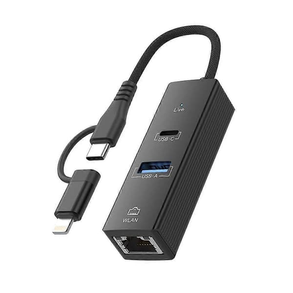 Type-C / 8-Pin til Type-C RJ45 USB-A HUB Udvidelseskonverter Black