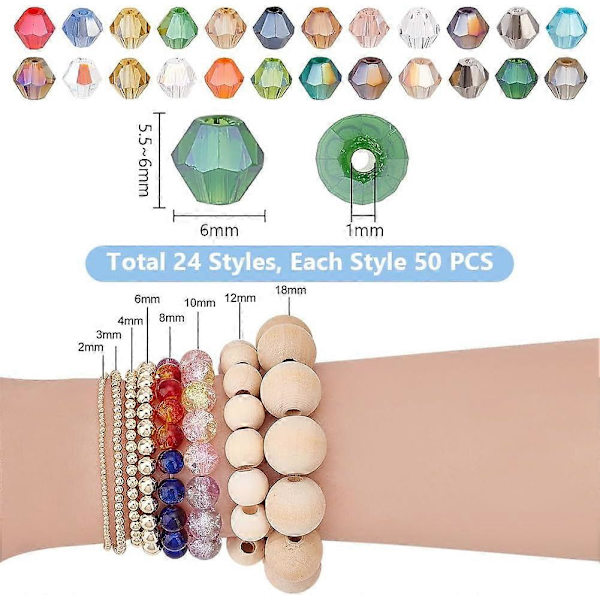 1200 stk. 6 mm Elektropletterte Glassperler Tråder 24 Farger Fasetterte Glasskrystallperler Bicone Armbåndsperler Løse Håndverksperler for Halskjede Øredobb Nøkkelring