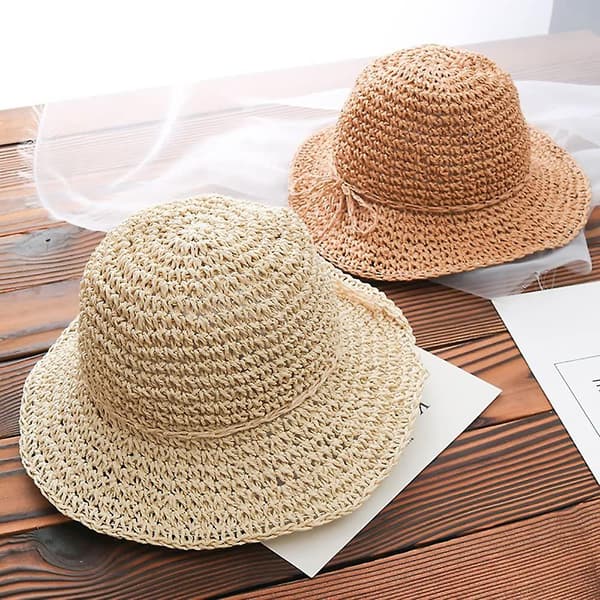 Flickbar vikbar packbar bredbrättad sommar solhatt strandhalmhatt för småbarn barn beige
