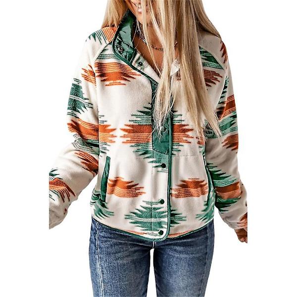 Fleecejakke for kvinner, Western Aztec-trykk, lange ermer, trykknapper, Shacket-jakker Green M