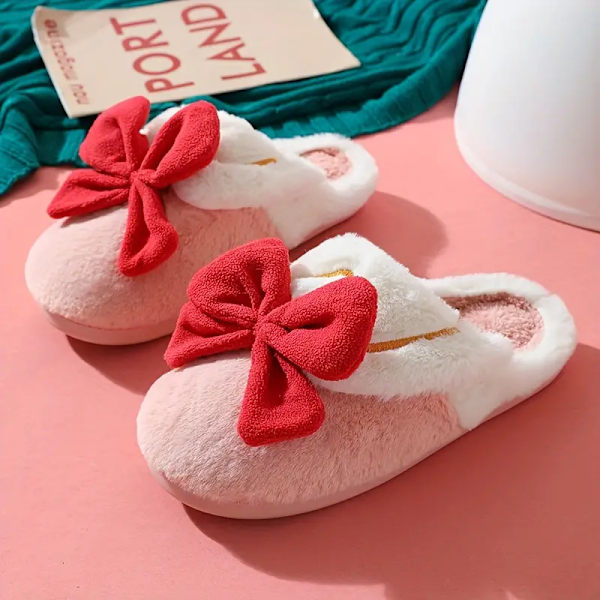 Kawaii Bowknot Fuzzy House Slippers, Closed Toe Soft Sole Plush Flat Shoes, Winter Warm Home Slippers Pink EU37 38