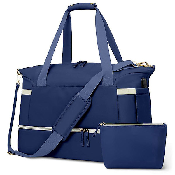Gymbag for kvinner, sportsreisebag med USB-ladeport, weekendbag med våtlomme og skoskap Blue