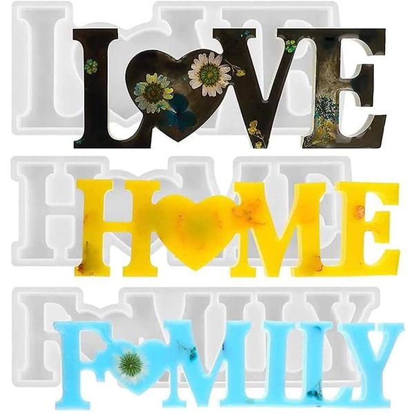 3 Stykker Love Home Family Epoxy Resin Form - 3D Resin Støbesæt - Silikone Epoxy Resin Sæt Form -