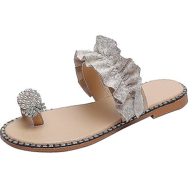 Sandaler for kvinner, flate, avslappede slippers med ringtå, strandsko Beige 39